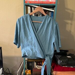 Short Sleeve Lagoon Linen Wrap Top